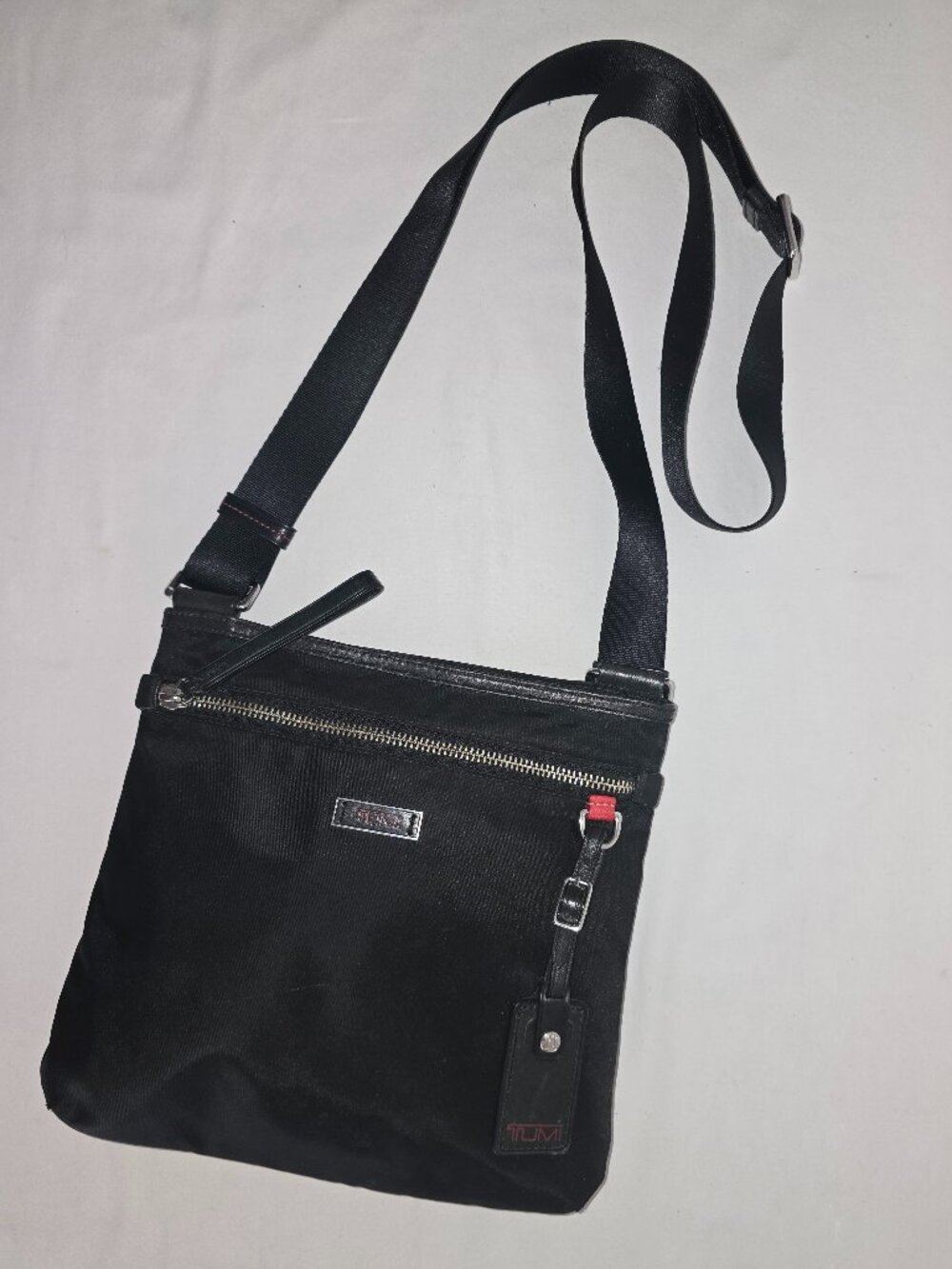 TUMI Slim Black Nylon Zip Top Travel Crossbody Shoulder Bag Messenger